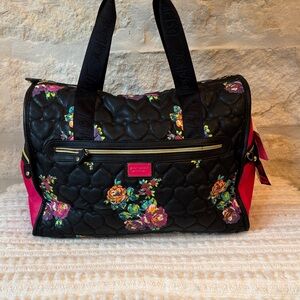 Besty Johnson - Black Quilted Floral Travel Duffel with Hot Pink Sides